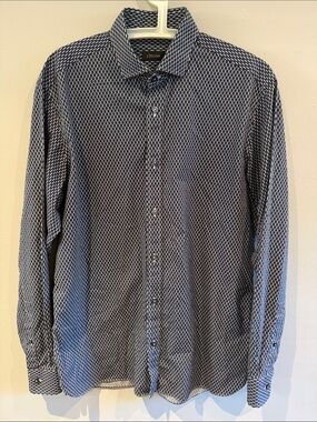 Z Zegna Navy and White Geometric Long-Sleeve Dress Shirt
